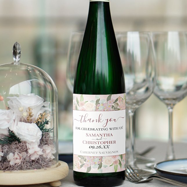Étiquette Pour Bouteilles De Vin Aquarelle rose rustique Merci Floral Mariage (Créateur téléchargé)