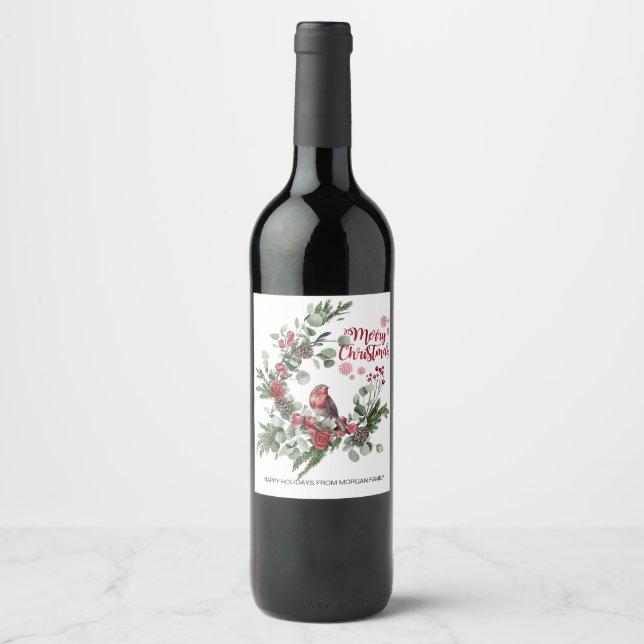 Étiquette Pour Bouteilles De Vin Aquarelle Rouge Cardinal Bird Wreath (Devant)