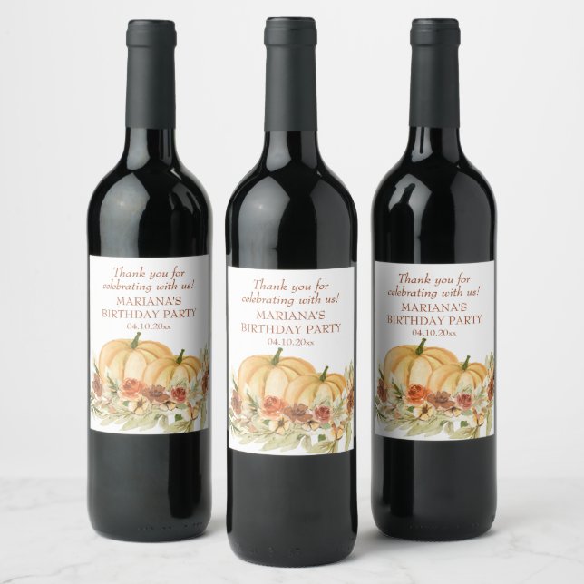 Étiquette Pour Bouteilles De Vin Aquarelle Rustique Automne Citrouille Anniversaire (Bouteilles)