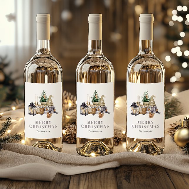 Étiquette Pour Bouteilles De Vin Aquarelle Rustique Gnome Joyeux Noël (Créateur téléchargé)