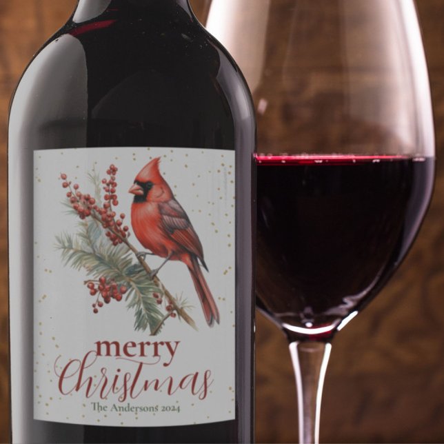 Étiquette Pour Bouteilles De Vin Aquarelle rustique Hiver Cardinal Holly Branche (Créateur téléchargé)