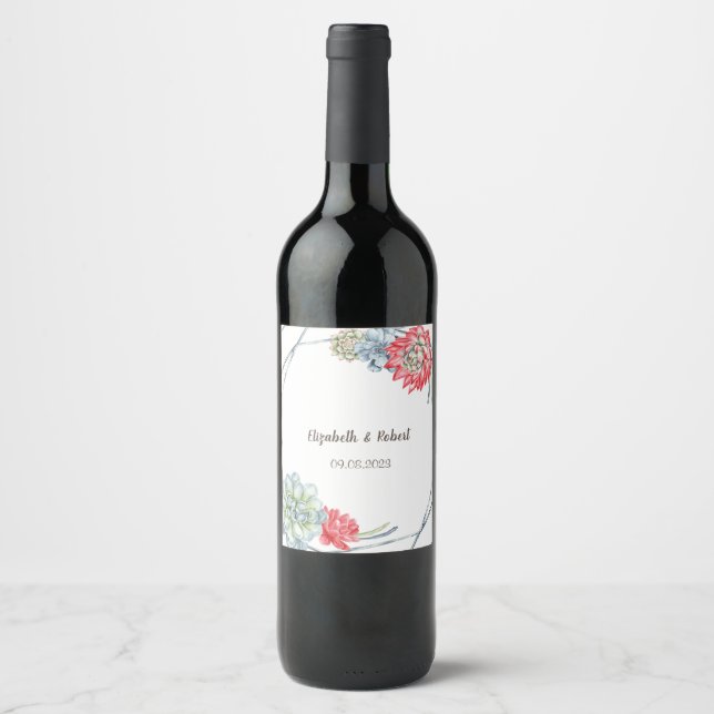 Étiquette Pour Bouteilles De Vin Aquarelle Succulents Rouges du Désert (Devant)