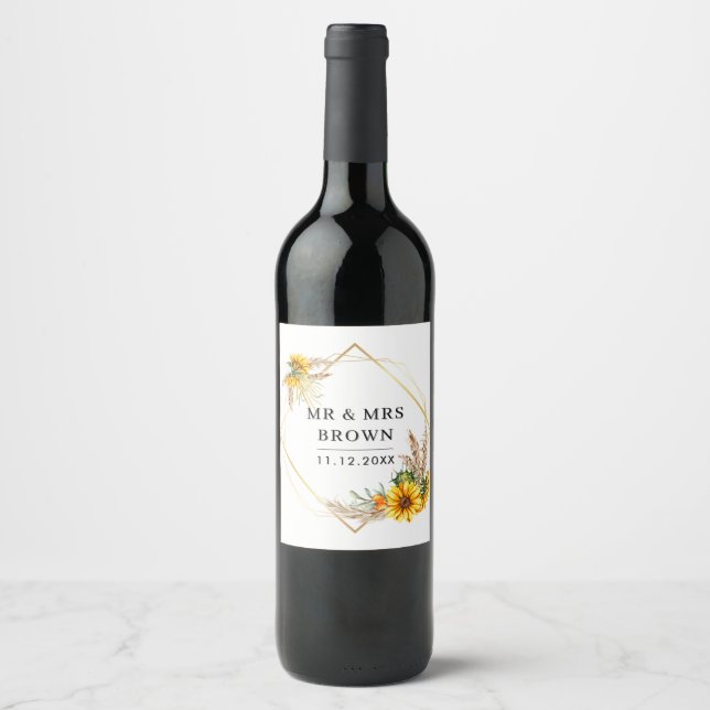 Étiquette Pour Bouteilles De Vin Aquarelle tournesol Mariage rustique (Devant)