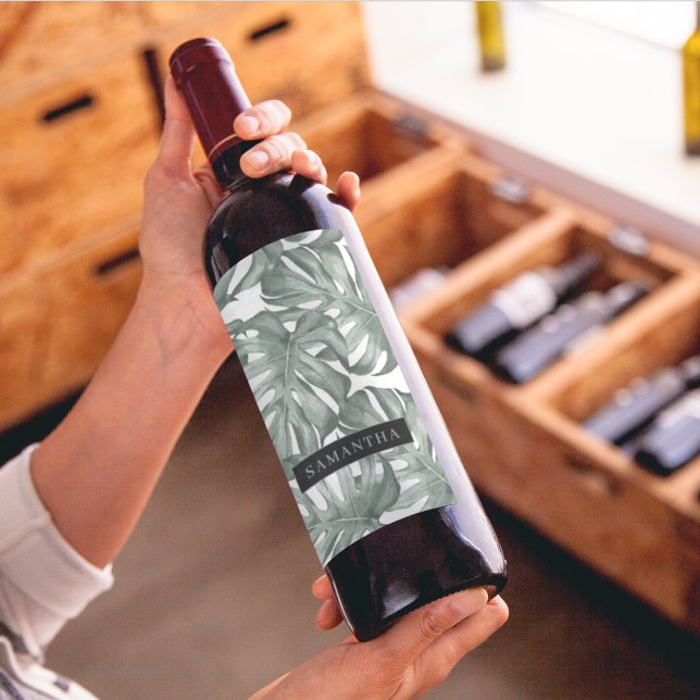 Étiquette Pour Bouteilles De Vin Aquarelle tropicale Oasis moderne Feuille Motif (Créateur téléchargé)