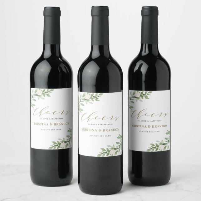 Étiquette Pour Bouteilles De Vin Aquarelle Verdure et fleurs Mariage (Bouteilles)