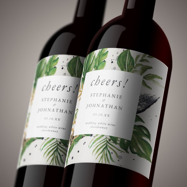 Étiquette Pour Bouteilles De Vin Aquarelle verte et or Mariage tropical (Green & Gold Watercolor Tropical Wedding Wine Label)