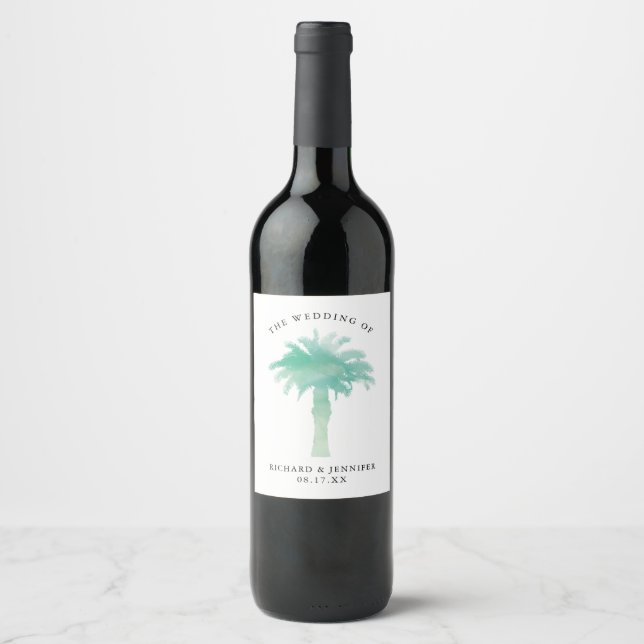 Étiquette Pour Bouteilles De Vin Aquarelle verte Palm Tree Mariage (Devant)