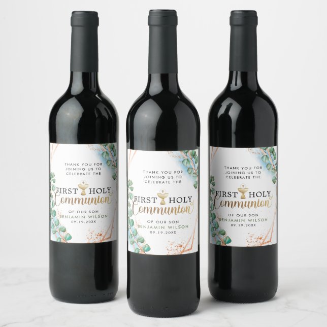 Étiquette Pour Bouteilles De Vin Aquarelle verte Première Communion sainte (Bouteilles)