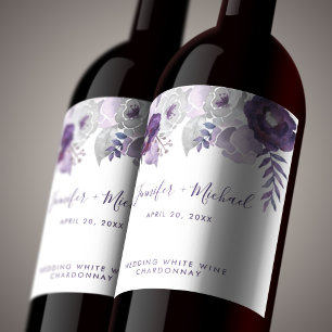 Étiquette Pour Bouteilles De Vin Aquarelle violette et argentée Mariage floral