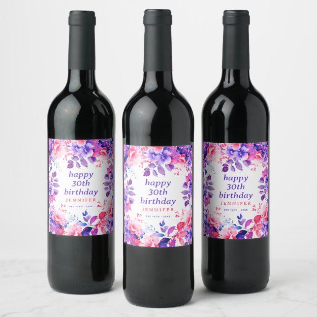 Étiquette Pour Bouteilles De Vin Aquarelle violette Floral 30e Joyeux anniversaire (Bouteilles)