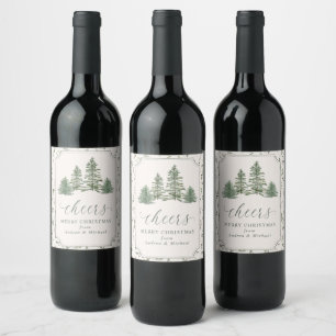 Étiquette Pour Bouteilles De Vin Arbre de Noël élégant aquarelle Evergreen Cheers