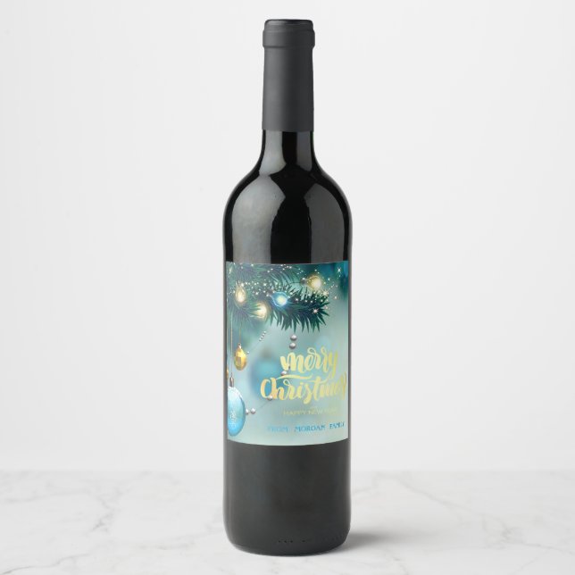 Étiquette Pour Bouteilles De Vin Arbre de Noël élégant, Boules, Étoiles (Devant)
