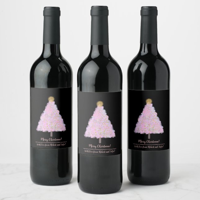 Étiquette Pour Bouteilles De Vin Arbre de Noël rose (Bouteilles)