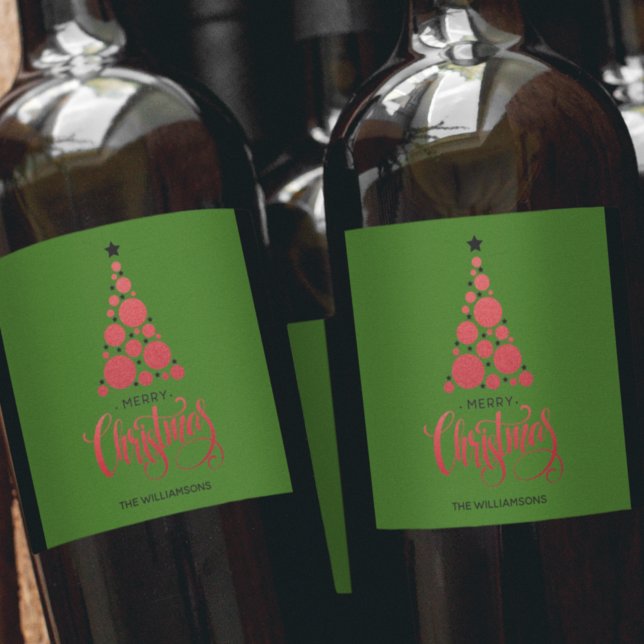 Étiquette Pour Bouteilles De Vin Arbre de Noël rouge moderne en vert (Créateur téléchargé)