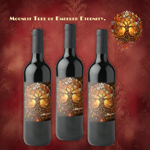 Étiquette Pour Bouteilles De Vin Arbre éclairé par la lune de l'éternité embrasée.