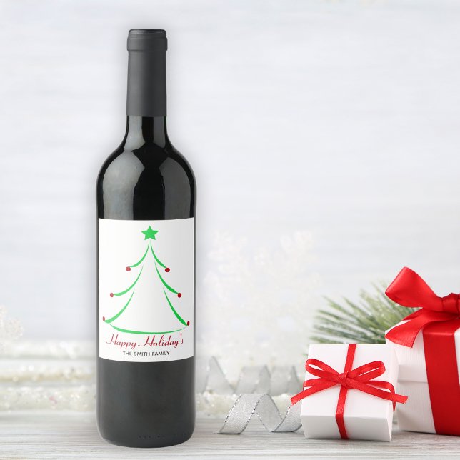 Étiquette Pour Bouteilles De Vin Arbre vert Baubles rouges Joyeuses vacances Noël (Green Tree Red Baubles Happy Holidays Christmas Wine Label)