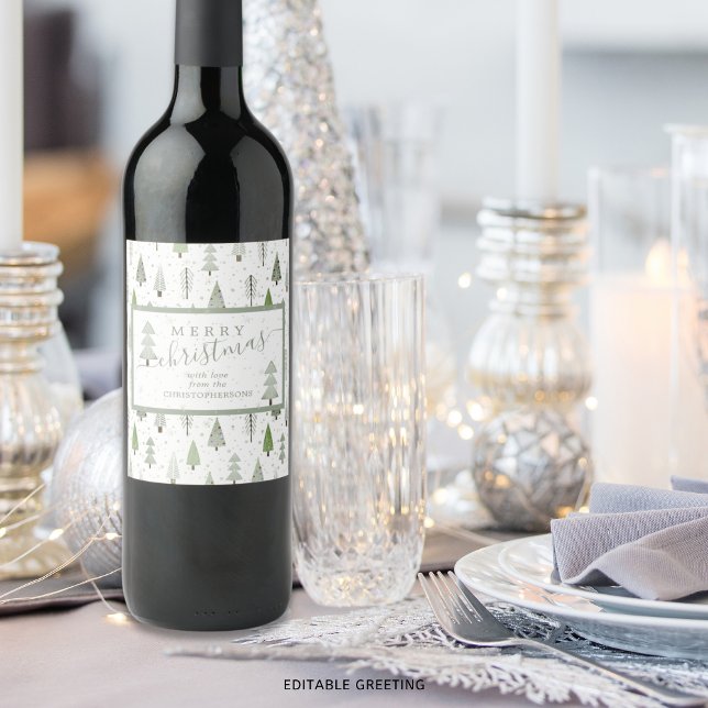 Étiquette Pour Bouteilles De Vin Arbres de Noël modernes MERRY CHRISTMAS Script (Créateur téléchargé)