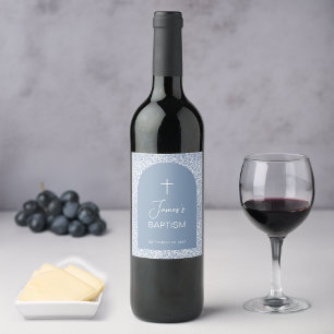 Étiquette Pour Bouteilles De Vin Arc de baptême garçon bleu blanc motif floral & cr
