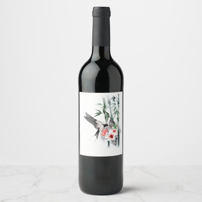 Étiquette Pour Bouteilles De Vin Avaler avec bambou et fleurs Classique (Devant)