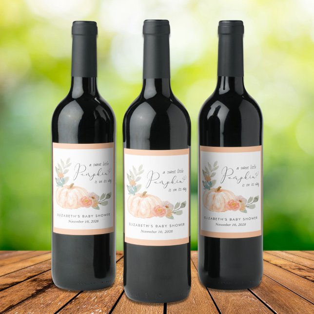 Étiquette Pour Bouteilles De Vin Baby shower d'aquarelle Citrouille orange (Créateur téléchargé)