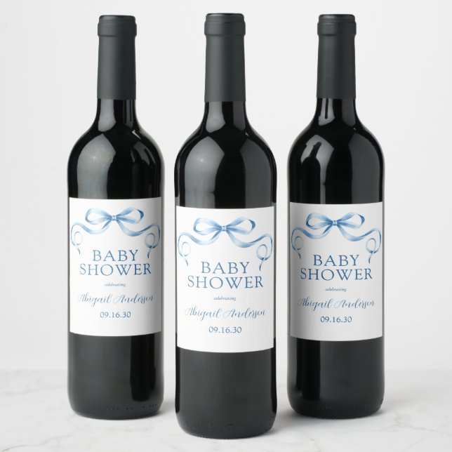 Étiquette Pour Bouteilles De Vin Baby shower de ruban bleu aquarelle (Bouteilles)