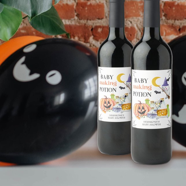 Étiquette Pour Bouteilles De Vin Baby shower d'Halloween pour bébé (Baby Making Potion wine bottle labels with cute halloween theme)