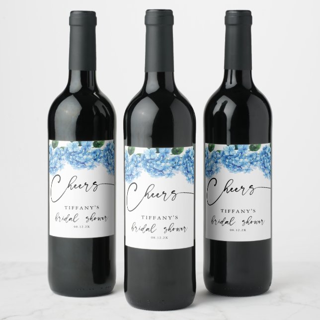 Étiquette Pour Bouteilles De Vin Baby Shower Floral Minimaliste aux Hydrangeas Bleu (Bouteilles)