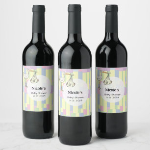 Étiquette Pour Bouteilles De Vin Baby Shower Funky Rétro Cubisme Cigogne Livraison