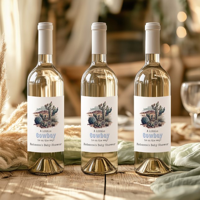 Étiquette Pour Bouteilles De Vin Baby shower petit cowboy Western Blue Boy (Créateur téléchargé)