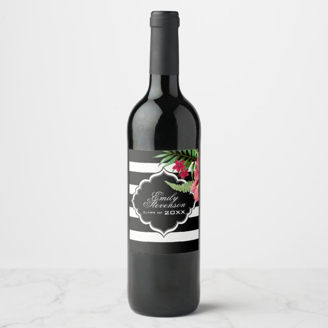 Étiquette Pour Bouteilles De Vin Bandes Et Fleurs Noires - Graduations (Devant)