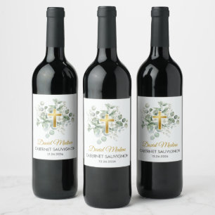 Étiquette Pour Bouteilles De Vin Baptême catholique Aquarelle Vert Feuilles religie