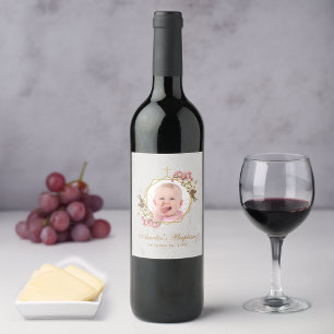 Étiquette Pour Bouteilles De Vin Baptême Girl Photo Floral rose Orchidées Marbre Or