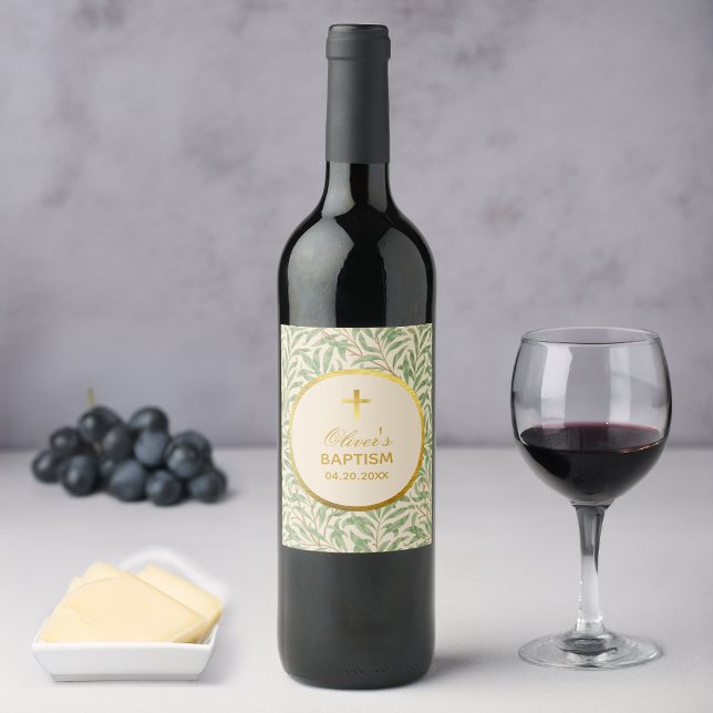 Étiquette Pour Bouteilles De Vin Baptême Vert Feuilles Faux Or Willow Bough Morris (Créateur téléchargé)