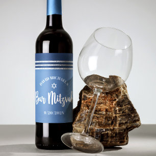 Étiquette Pour Bouteilles De Vin Bar Mitzvah Moderne Tallit Bleu Argent Écriture Gr