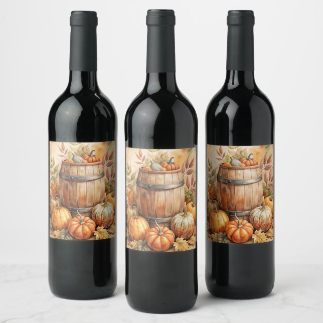 Étiquette Pour Bouteilles De Vin Barrel with Pumpkins Fall (Bouteilles)