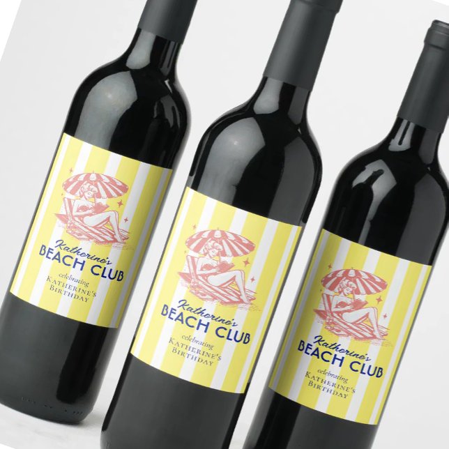 Étiquette Pour Bouteilles De Vin Beach Club Cabana Jaune Fête d'Anniversaire (Créateur téléchargé)