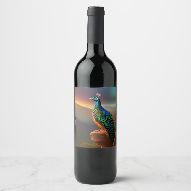 Étiquette Pour Bouteilles De Vin Beautiful Peacock accueille la journée (Devant)