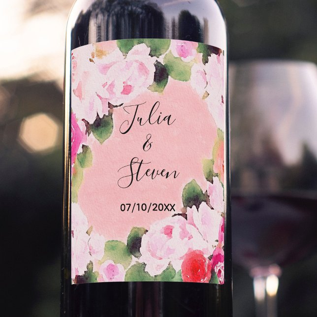 Étiquette Pour Bouteilles De Vin Belle aquarelle artistique Roses roses rose Mariag (Créateur téléchargé)