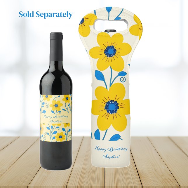 Étiquette Pour Bouteilles De Vin Beurre jaune et bleu floral (Butter Yellow and Blue Floral Wine Label)