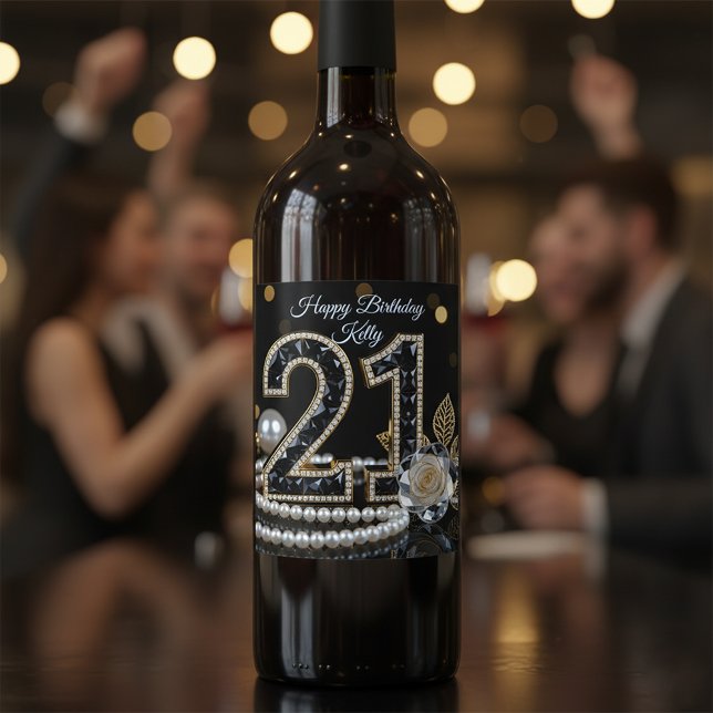 Étiquette Pour Bouteilles De Vin Black and Gold Diamond White Rose 21st Birthday (Créateur téléchargé)