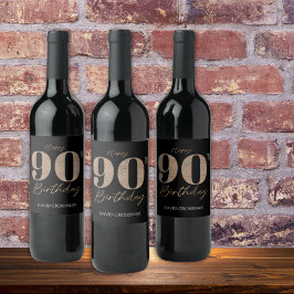 Étiquette Pour Bouteilles De Vin Black and Gold Glitter Numeral 90th Birthday 