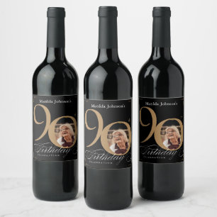 Étiquette Pour Bouteilles De Vin Black Gold 90th Birthday Élégant Script personnali