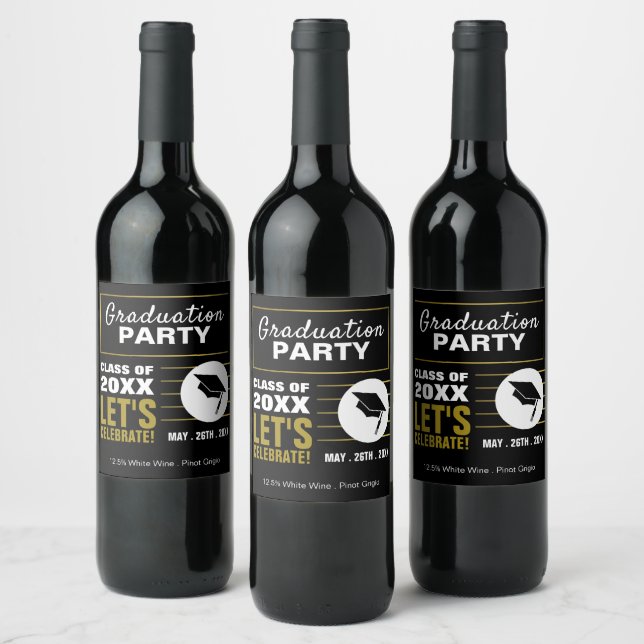 Étiquette Pour Bouteilles De Vin Black & Gold moderne, Graduation Party (Bouteilles)