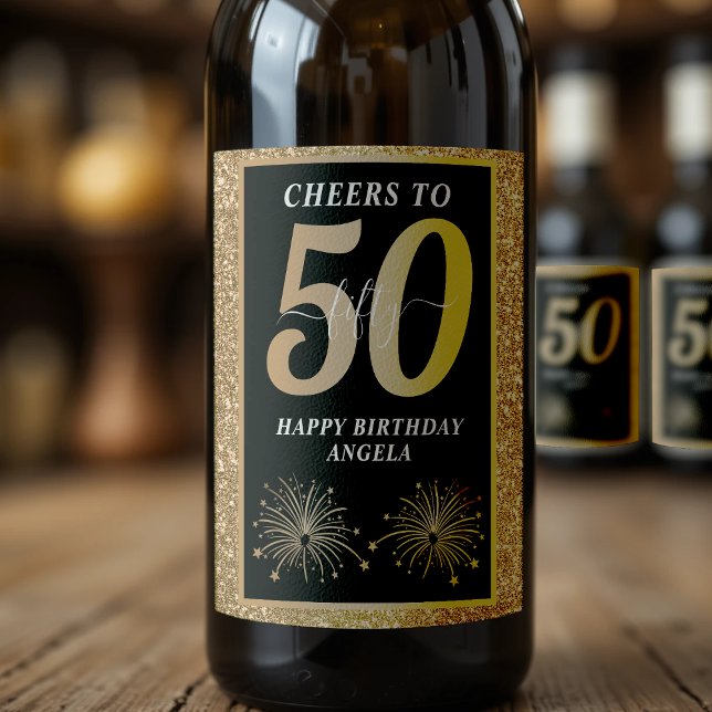 Étiquette Pour Bouteilles De Vin Black & Gold Parties scintillant 50 Cinquante ans  (Créateur téléchargé)