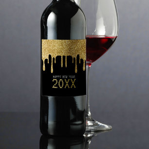 Étiquette Pour Bouteilles De Vin Black & Gold Parties scintillant Drip Bonne année 