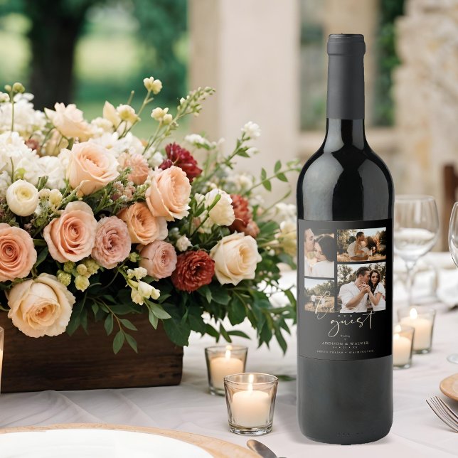 Étiquette Pour Bouteilles De Vin Black Trendy Collage Wedding 4 Photos (Non-traditional Black Trendy Collage Wedding 4 Photos Save the Date as a Wine Label.)