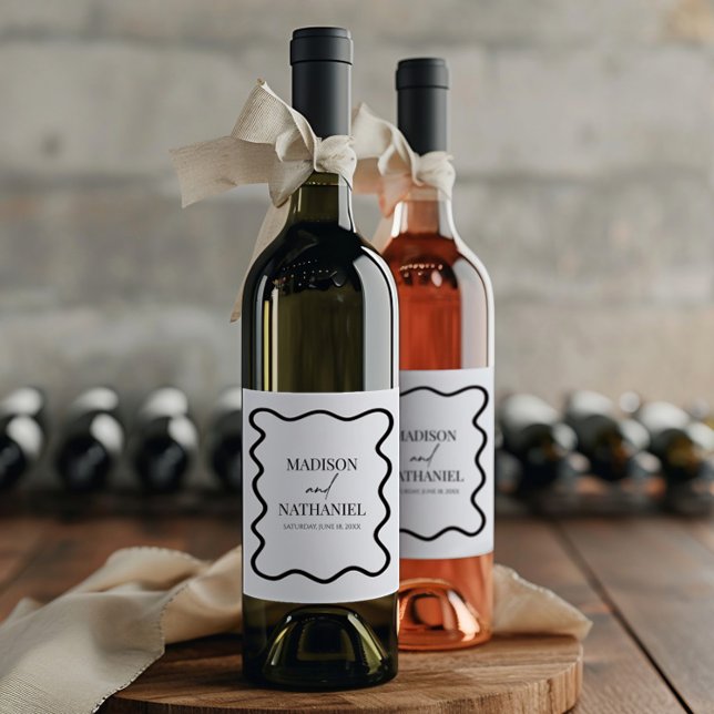 Étiquette Pour Bouteilles De Vin Black White Elegant Wavy Border Wedding (Créateur téléchargé)