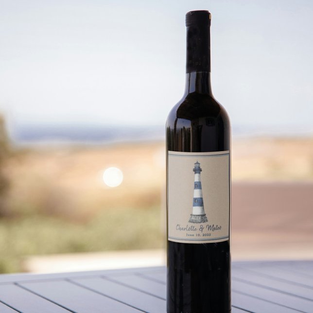 Étiquette Pour Bouteilles De Vin Bleu Blanc Phare Bordure Mariage Kraft (Créateur téléchargé)