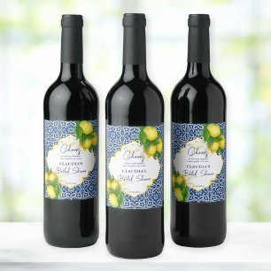 Étiquette Pour Bouteilles De Vin Bleu carreaux citron Amalfi nuptiale fête de douch