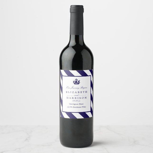 Étiquette Pour Bouteilles De Vin Bleu Mariage de navire marine (Devant)